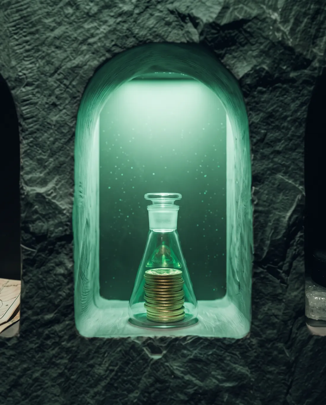 A glass laboratory flask holding a stack of gold coins, lit green inside a stone niche
